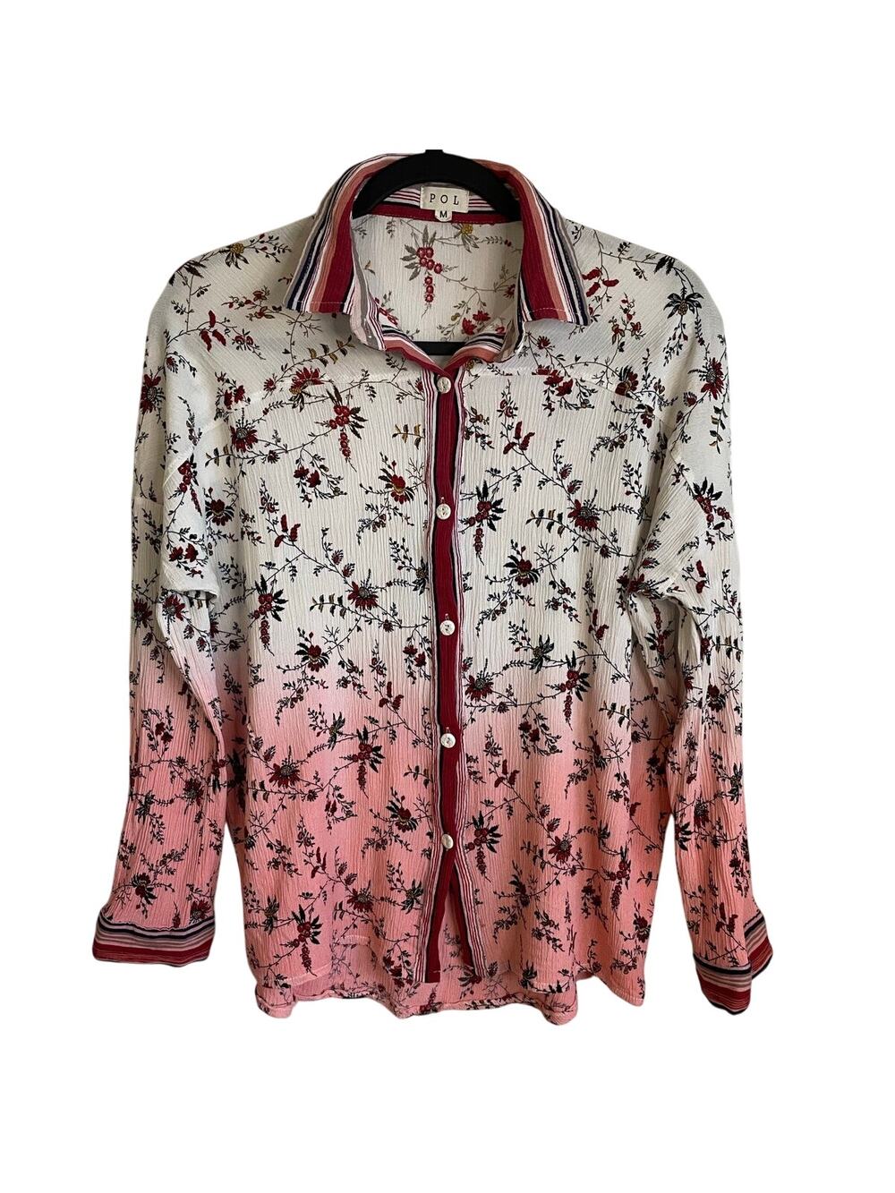 POL Ombre Floral Button Up Blouse Sz M Pink Red Cream Boho Gauze Top Casual